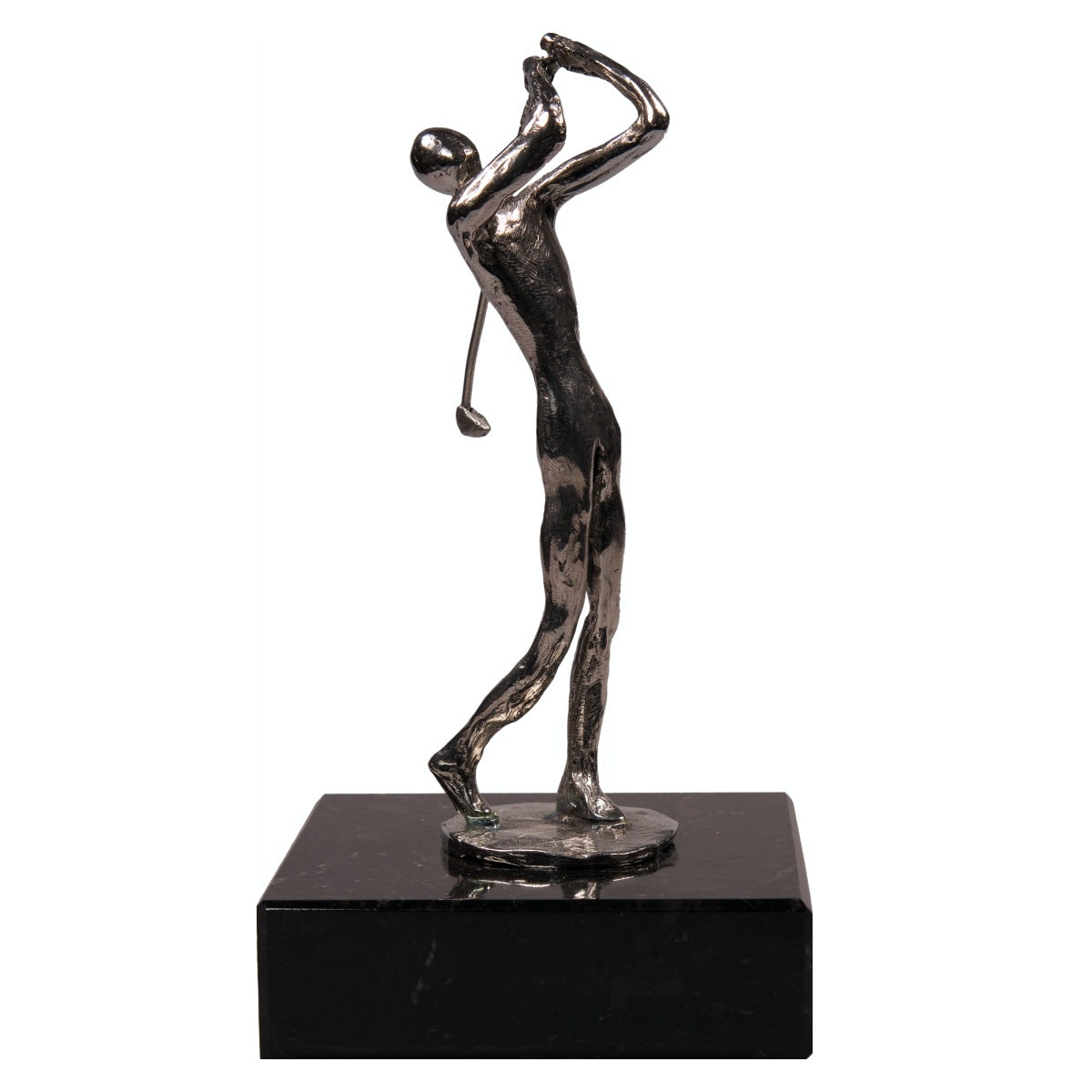 Trofee zilverkleurige golfer op marmeren voet voorkant