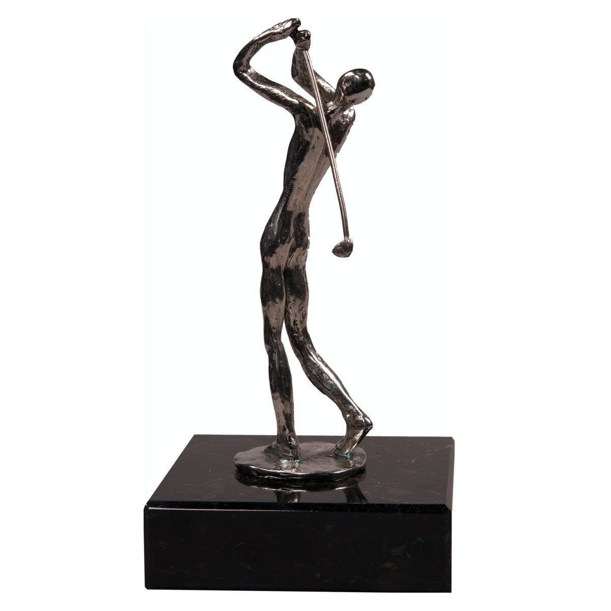 Trofee zilverkleurige golfer op marmeren voet achterkant